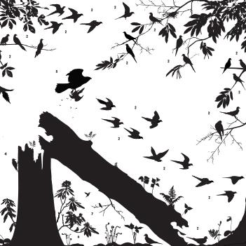 A silhouette mural in black and white. 