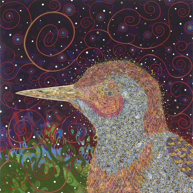 An artwork of a bird with small unique details.