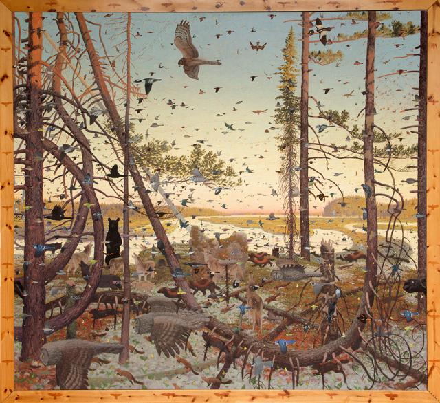 A landscape with a forest with animals in the foreground and a river in the background.