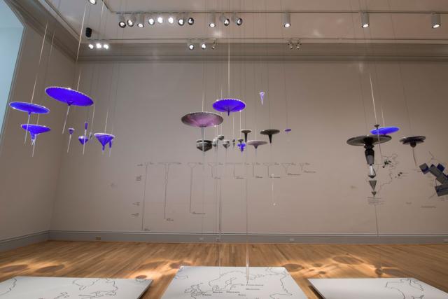 Gallery shot of blown glass hanging from the ceiling.
