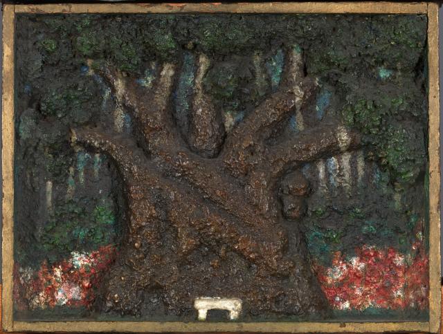 A painting of a tree with many branches and a white bench infant of it.