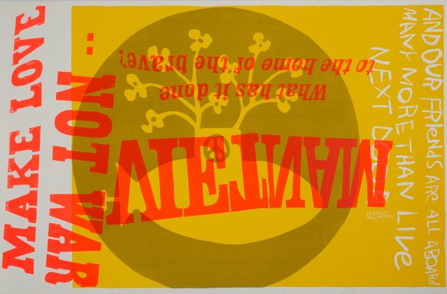 A screenprint of words in yellow and red with an image behind it.