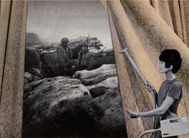 An image of a woman cleaning drapes with a vacuum. 