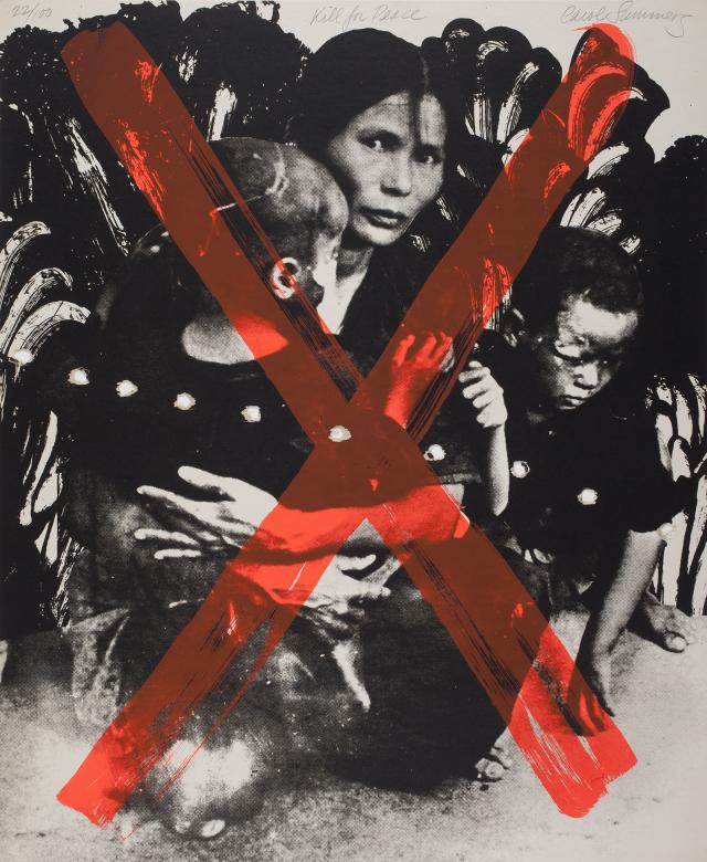 An image of a woman holding her children with a red cross on top.