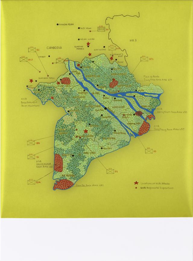 A map in yellow, green, blue, and red.