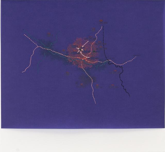 A map in purple with red and blue details.