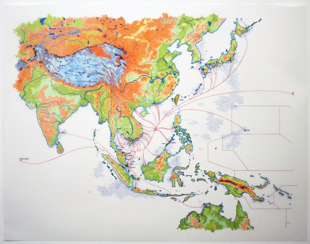 A map with lines in red and areas of land in orange, yellow, green, and blue.