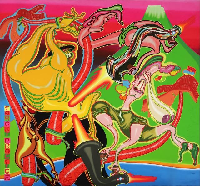 A painting in bright colors with abstract figures. 
