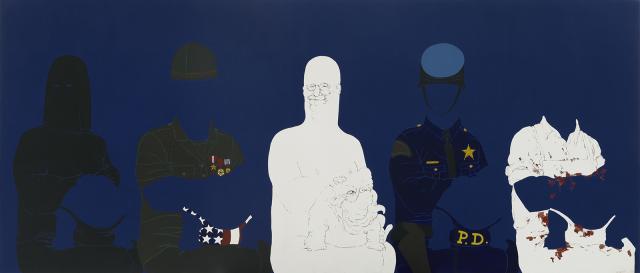A painting in dark blue with white and black figures. 