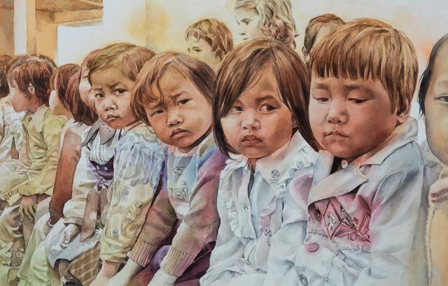 A painting of eight children sitting down in a row. 