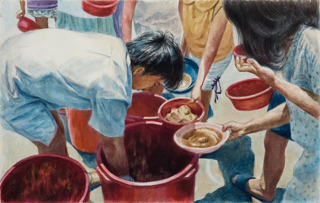 A painting of a man getting food out of a bucket to feed others. 