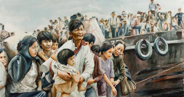A woman and children leaving a boat. 