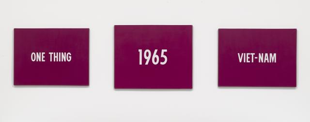 A photograph of a three painting series with words "One thing, 1965, Vietnam"