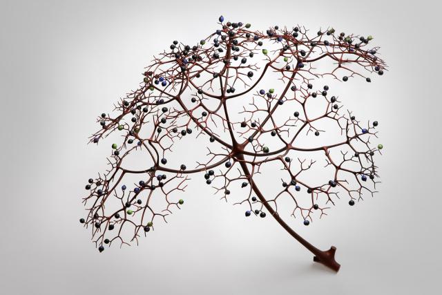 An artwork made to look like a piece of a plant with a red hue and small circle balls in an umbrella form.