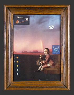 A painting of a boy sitting down with a landscape behind him in the distance.