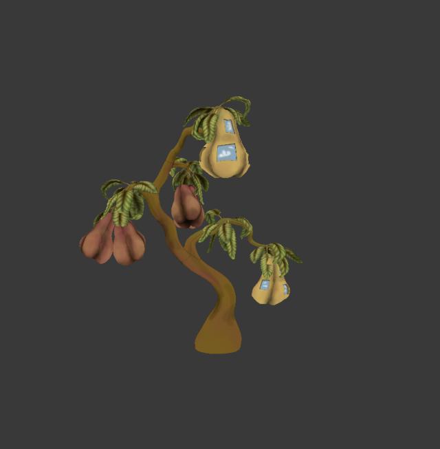 A digital reproduction of a tree with pears on it.