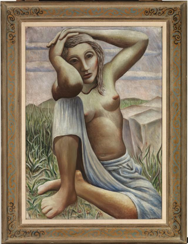 A painting of a woman sitting down with her hands in her hair. 