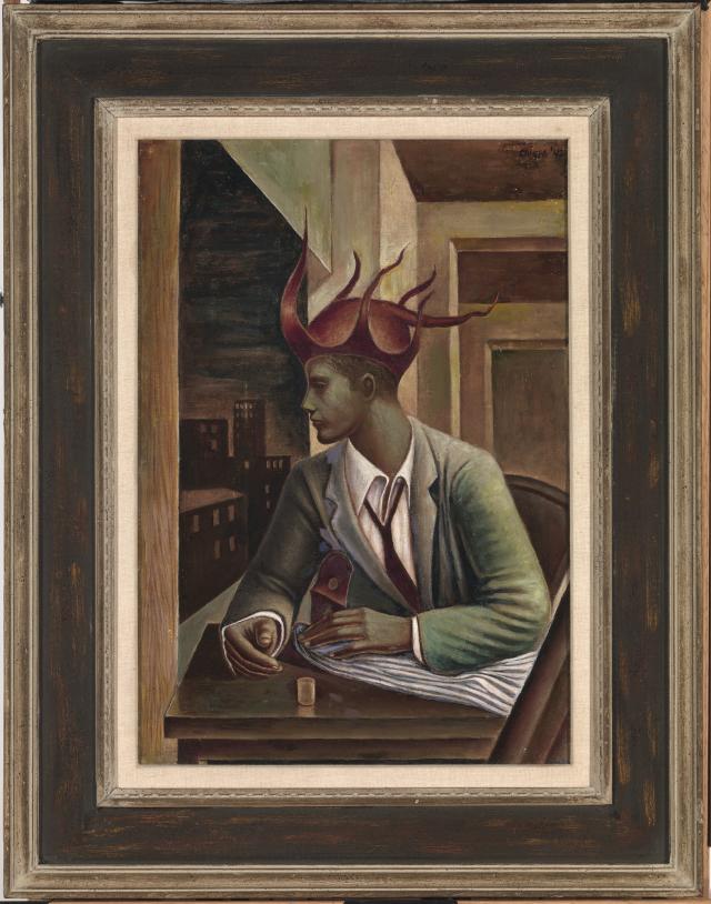 A painting of a person sitting down with a joker hat on. 