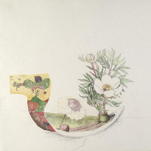 A drawing of a boat with a flower in it.