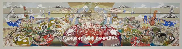 An artwork made with paint, colored pencils, and graphite depicting many different scenes. 