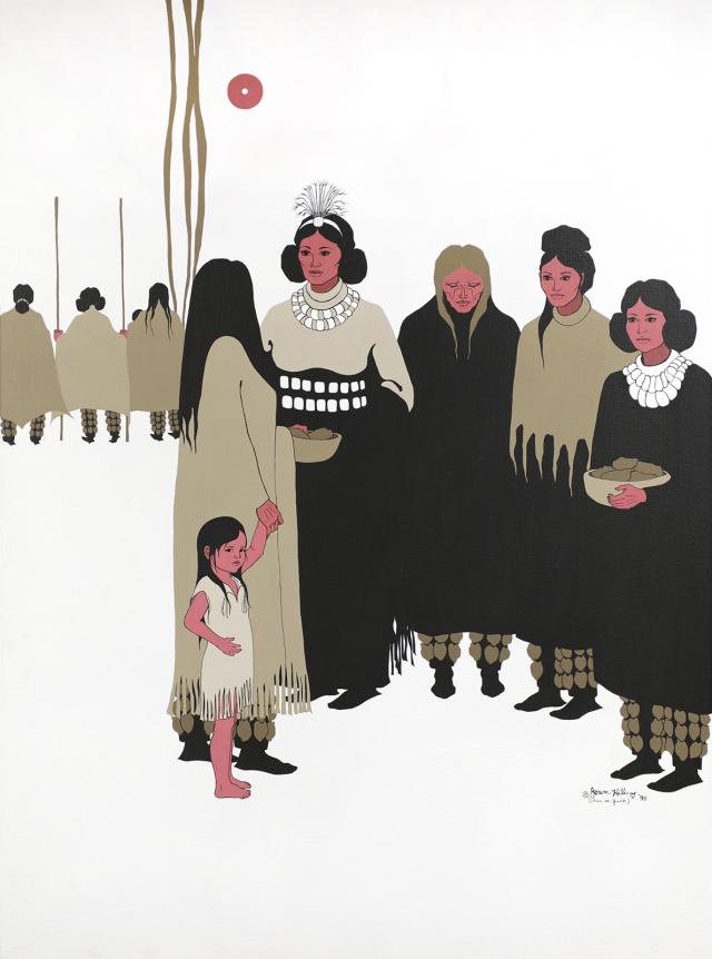 A painting of five figures and a small child talking to one another. 