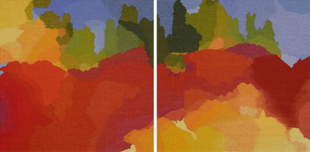 An abstract tapestry of red, yellow, orange, green, and blue.