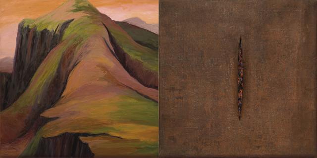 A painting of two scenes. On the left is a moutain in brown and green and on the right is a brown canvas with a line down the middle. 