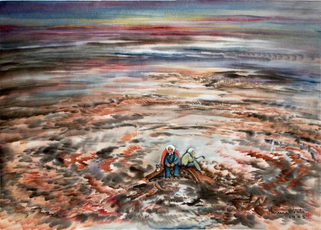 A watercolor image of two people sitting with destruction around them.