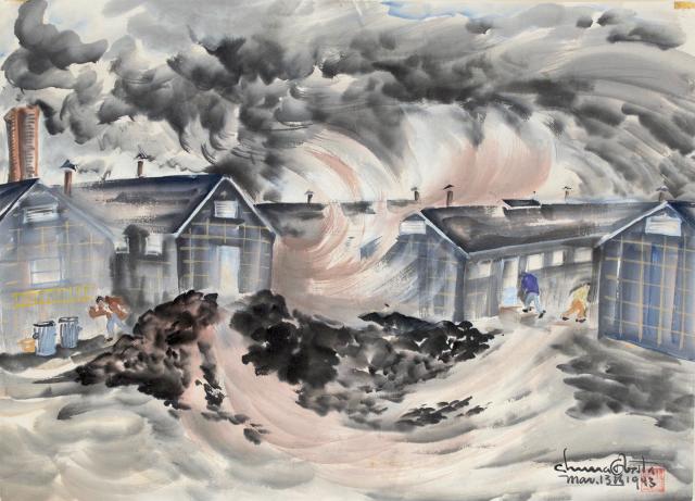 A watercolor image of dwellings with a dust storm above. 