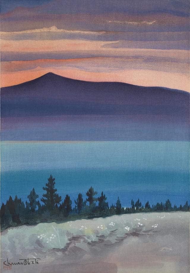 A watercolor image with trees in the foreground, mountains in the middle ground, and the sunset in the background.