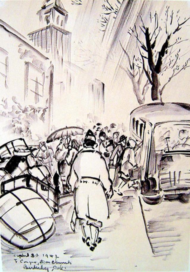 A contour drawing of a man walking down a street. 
