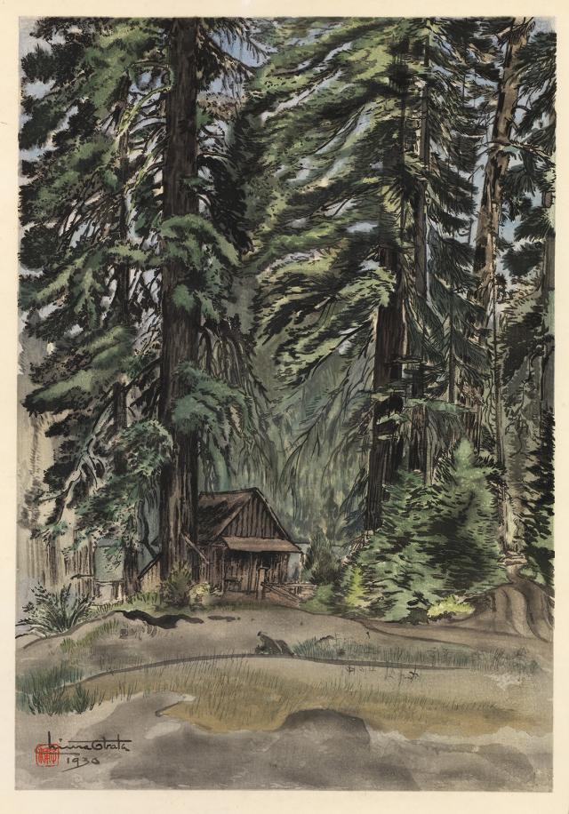 A watercolor image of a small inn surrounded by trees. 
