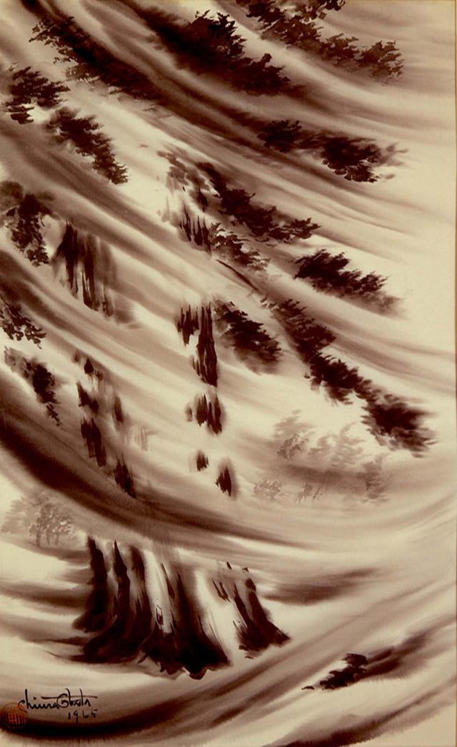 An abstract painting of a tree with wind. 