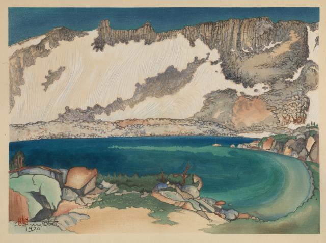 A watercolor image of a lake with mountains in the background.