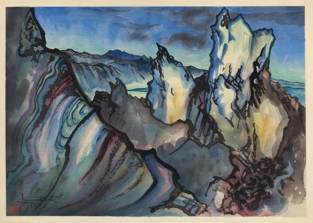 A watercolor image of a crater in shades of green, blue, and purple.