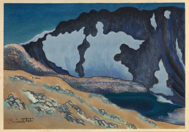 A watercolor image of a lake with mountains in the background.