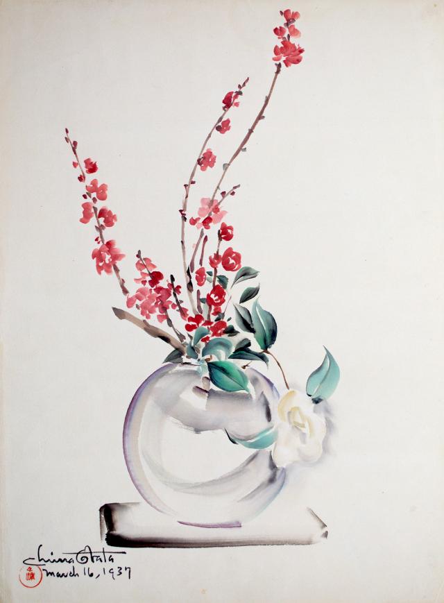 A watercolor image of a vase with flowers