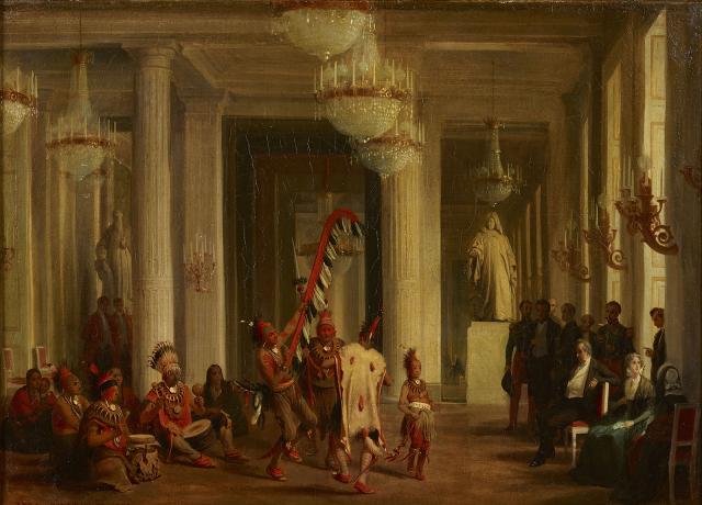 A painting of an interior room with people