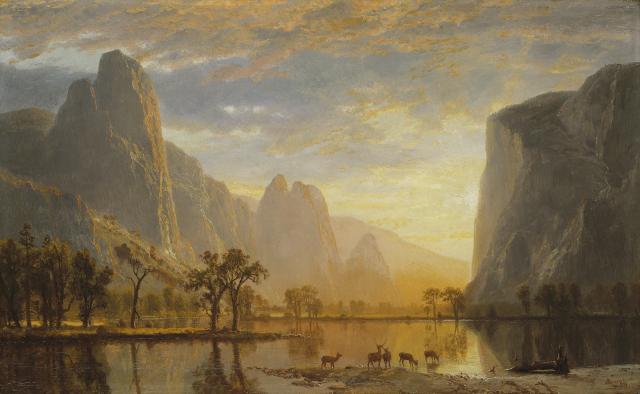 A painting of a valley with a lake.