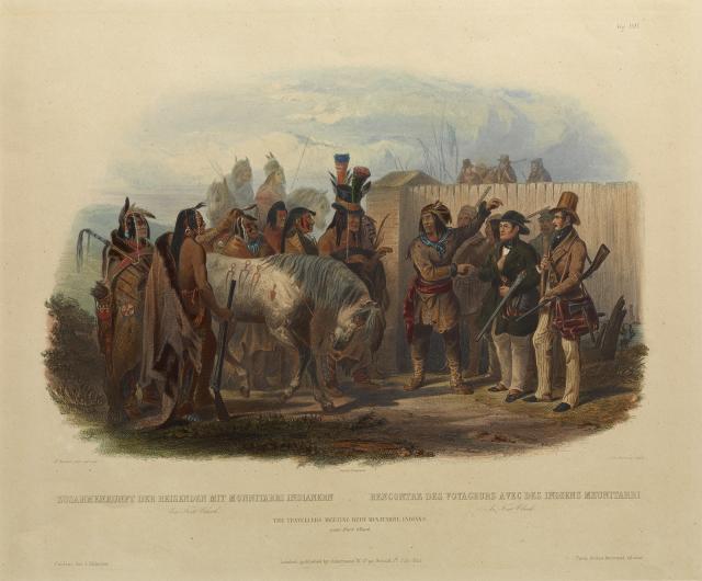 A painting with many figures talking.