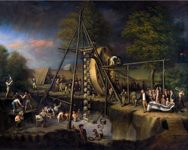 a scene in a painting where they are lifting up a mastodon.