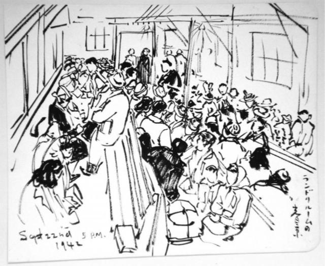 A contour drawing of people gathered inside a room.