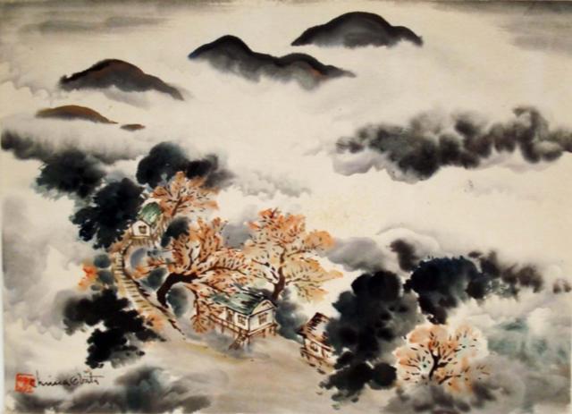 A painting with mountains and mist. 