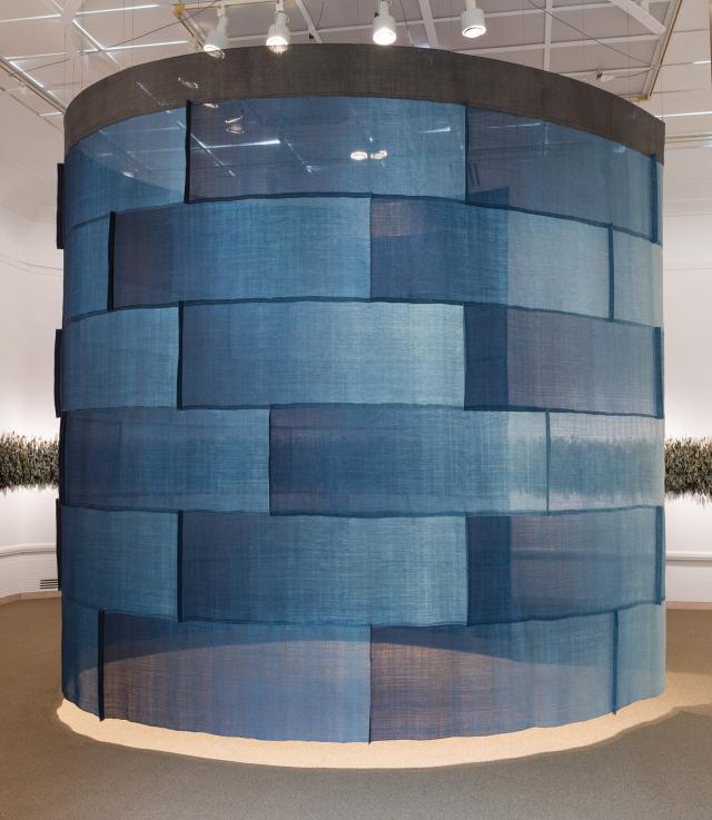 A photograph of indigo cloth artwork
