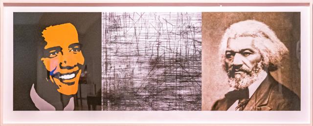 A photograph of an artwork with three pictures.
