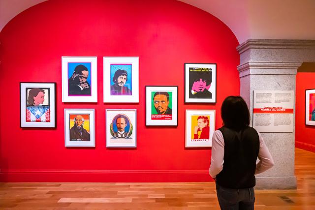 A photograph of a woman looking at artwork
