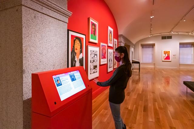 A photograph of a person using a kiosk inside an art museum