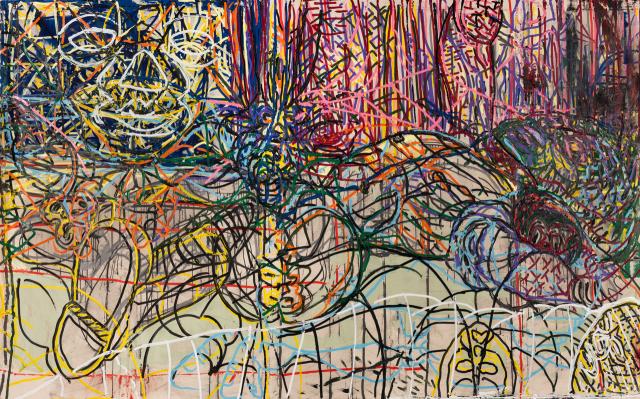 abstract painting with pink black white yellow 
