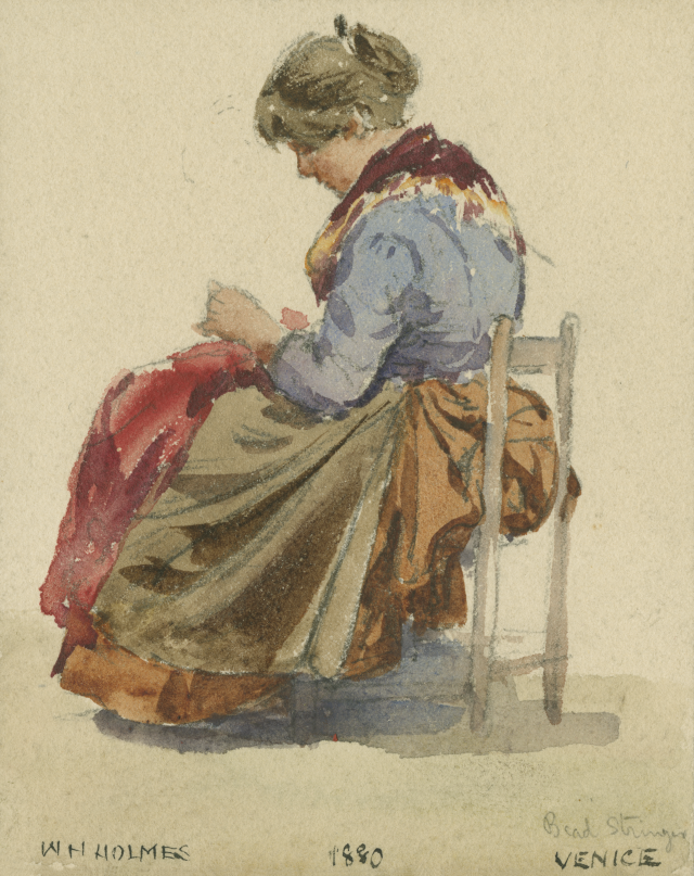 A watercolor of a woman wearing a long dress and seated in a chair leaning over something she is holding in her hands.