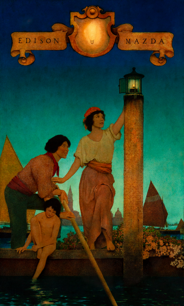 An illustration of a man, woman, and child in a boat at nightfall. The woman is reaching up to light a lamp.